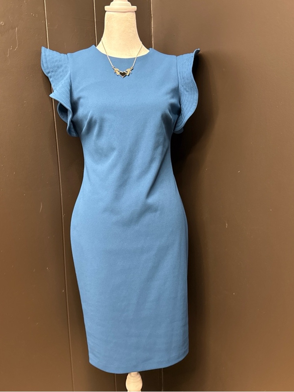 Calvin Klein Slate Blue Ruffle Sleeve Midi Dress
